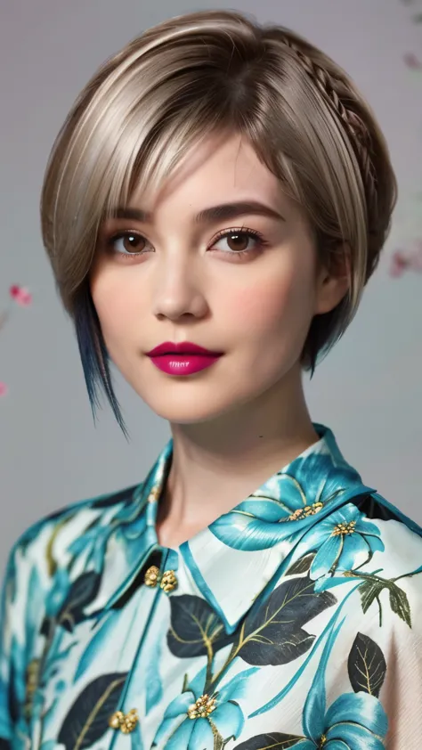 228 (20-year-old woman,Floral clothes),  ((Beautiful Hairstyles 46)), ((short hair:1.46)),  (lipstick)