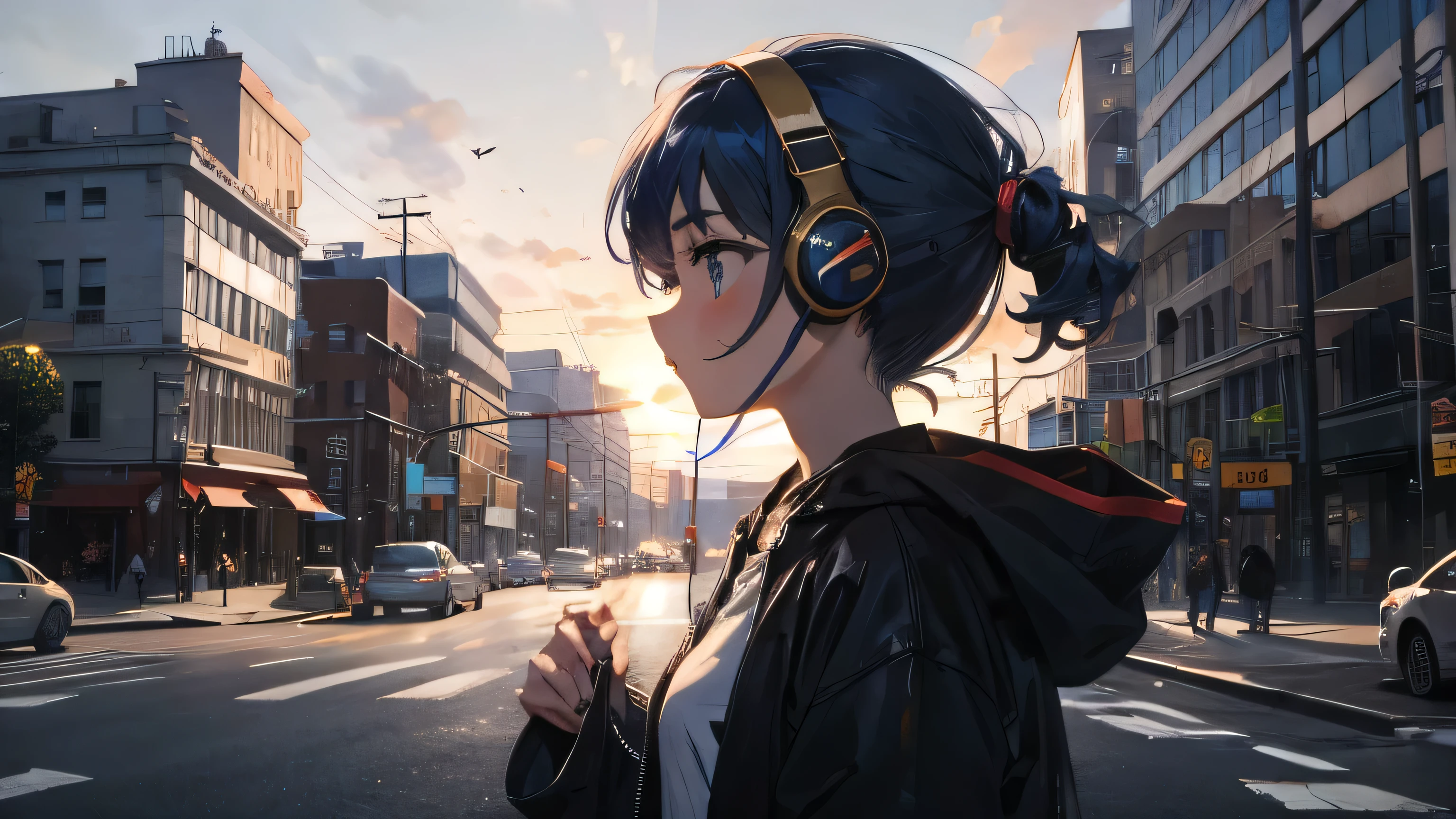 1 girl with headphone, blue hair color, Driving while looking out, city