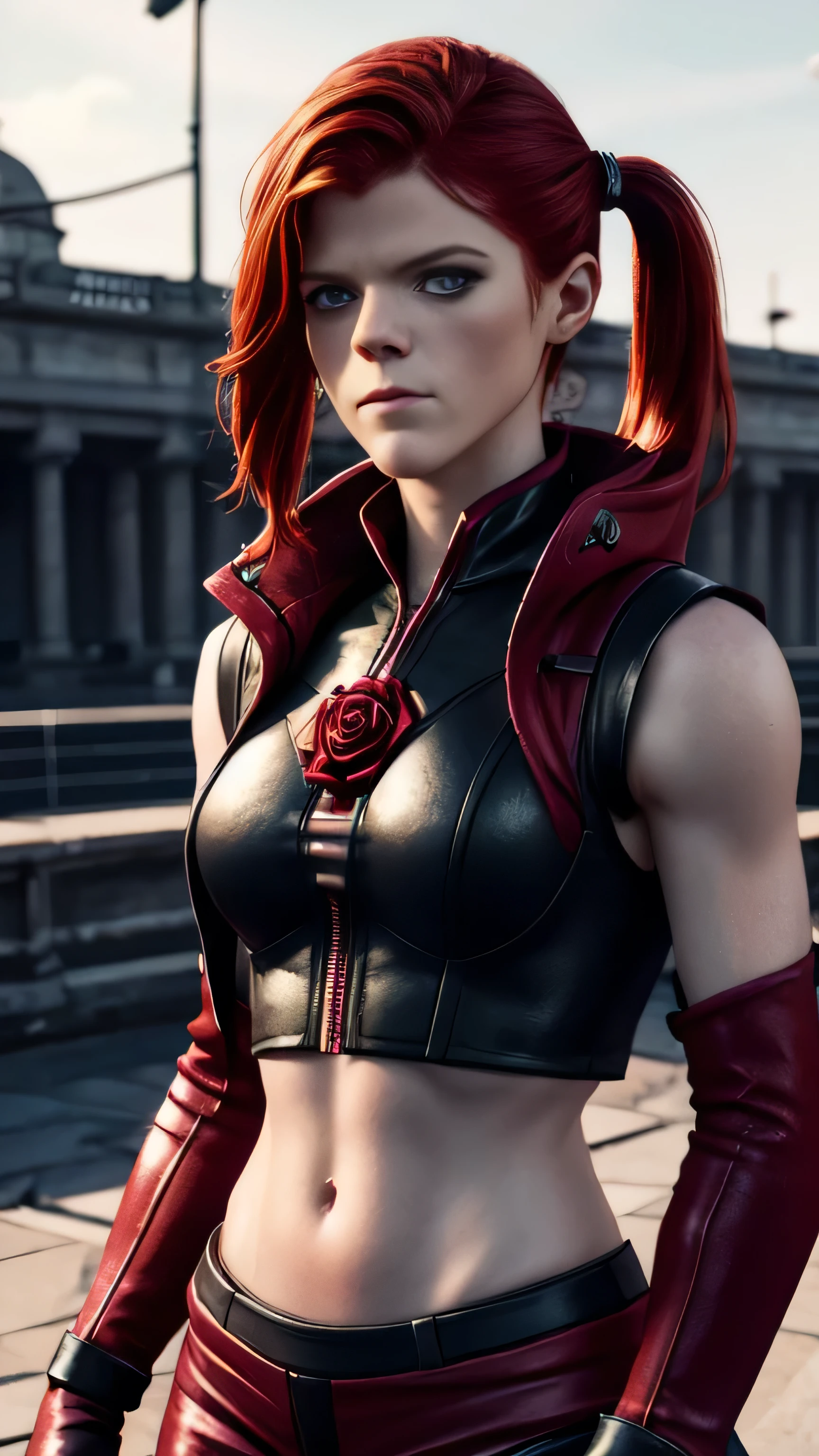 ((rose leslie)) comme Kira de Mortal Kombat, yeux verts, cheveux roux, yeux verts, Twintails, gilet noir, veste courte cramoisie, gants, pantalon cramoisi, regarder le spectateur, sérieux, petit sourire satisfait, (Tir lointain), (rendu complet du corps), (vue complète du corps), détail fin, hyper réaliste, HD, 4k, définition, texture, détail parfait, visage parfait, Beau, Hyperréalisme, tendance sur artstation