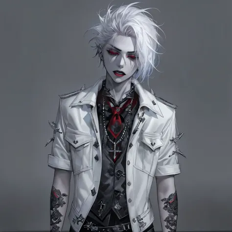 (a vampire boy wearing punk and gothic clothing), chains on clothing, straps on clothing, denim and leather attire, long white s...