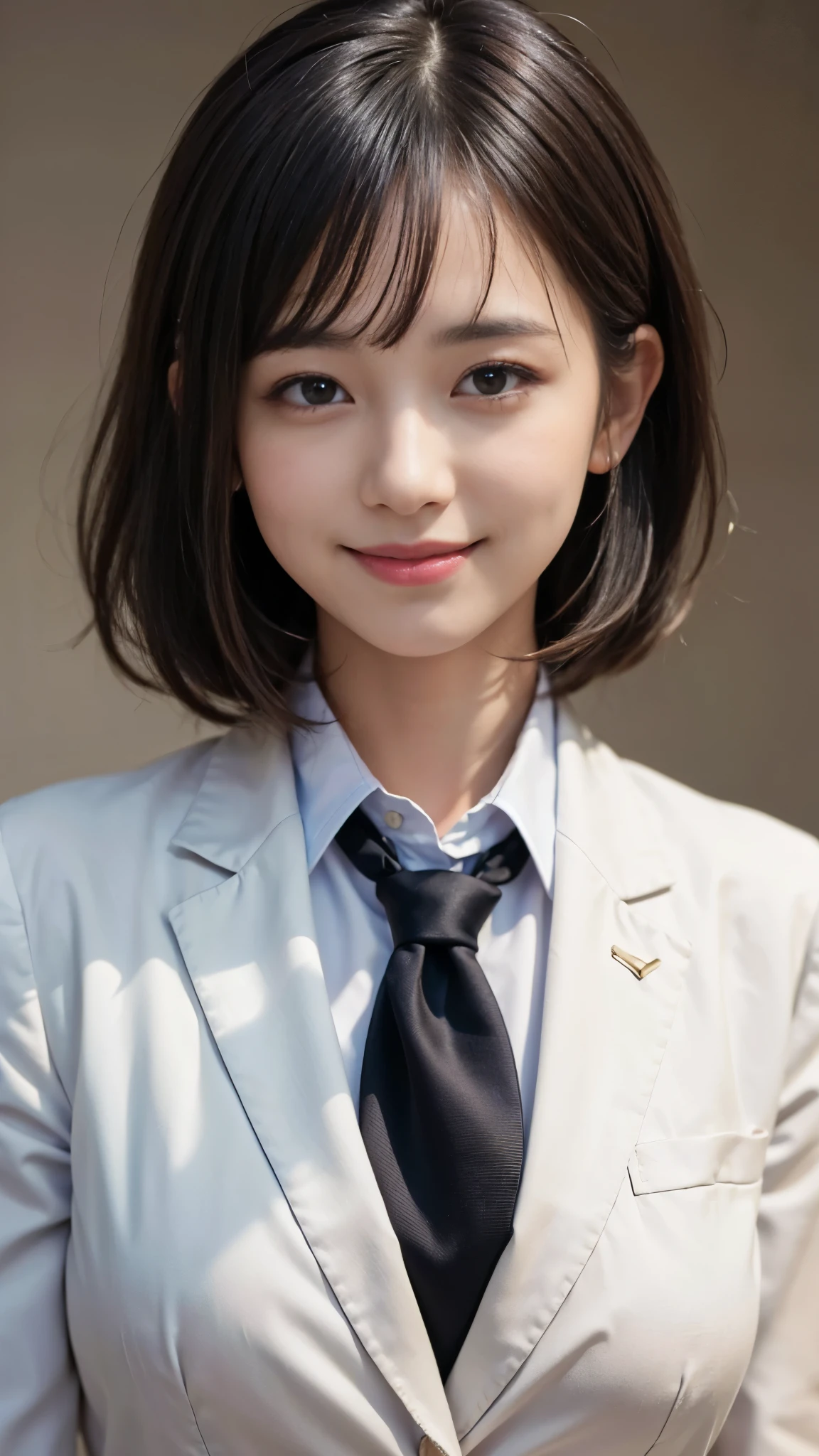 ((highest quality、Masterpiece、High resolution))、(((Zoom photo of upper body)))、(A shy smile:1.2)、One woman、Big Breasts、Black blazer、shirt、tie、Black Hair、Trimmed bangs、short hair、Wavy Hair