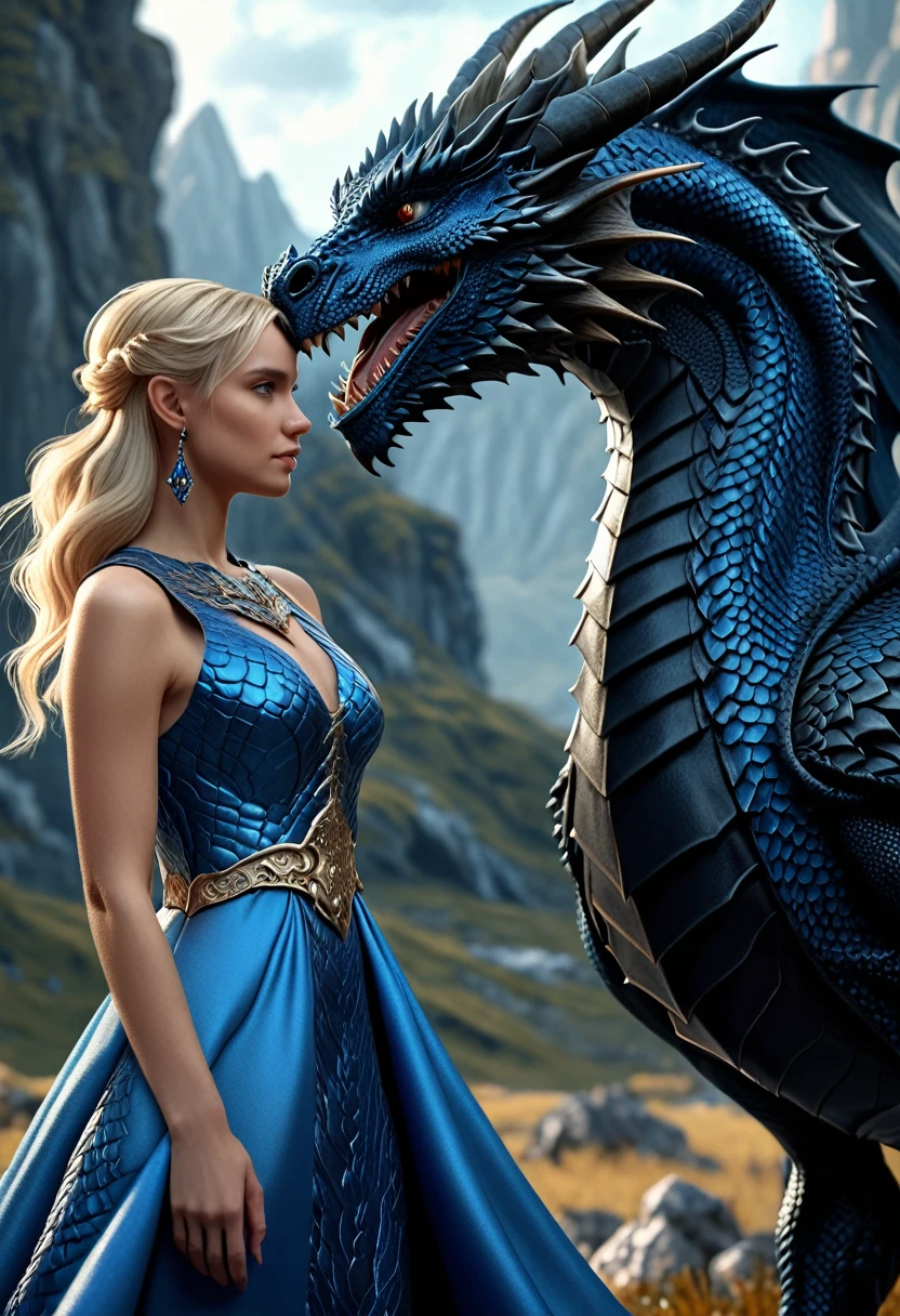 mulher em um vestido azul em pé ao lado de um dragão preto, Fantasia com detalhe 4K,cabelo loiro, fantasia realista intrincada, foco nitído, renderização de fantasia realista, renderização de 8 k octanas estilo fantasia, arte de fantasia hiperrealista, Arte de fantasia 4k, rainha dos dragões, arte de fantasia detalhada, arte de fantasia de motor irreal, arte de fantasia cinematográfica elegante, Arte de fantasia realista, Ilustra??o de fantasia realista