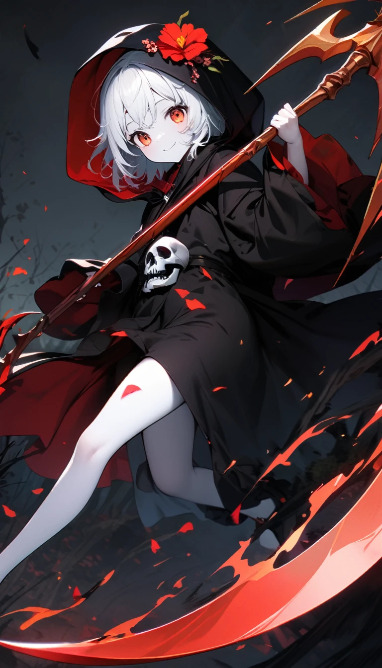 solo,1female\(cute,kawaii,age of 10,hair color white,braid hair,messy hair,eye color dark,big eyes,white skin,big smile,enjoy,full body,wearing Grim Reaper's black Robe,holding scythe and skull,skip,flower hair ornament,white hair\),background\(black sky,withered flowers all over the ground,a thick red water\), BREAK ,quality\(8k,wallpaper of extremely detailed CG unit, ​masterpiece,high resolution,top-quality,top-quality real texture skin,hyper realisitic,increase the resolution,RAW photos,best qualtiy,highly detailed,the wallpaper\)