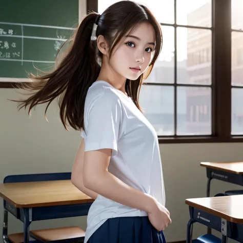 ((masterpiece, highest quality, High resolution)), fun, 1 girl, (Realistic: 1.4), 17 years old, Beautiful Hair, (Medium Hair:1.5), Japan, School gym clothes, School classroom, Change clothes, Look away, Smooth, Highly detailed CG composite 8k wallpaper, Pr...