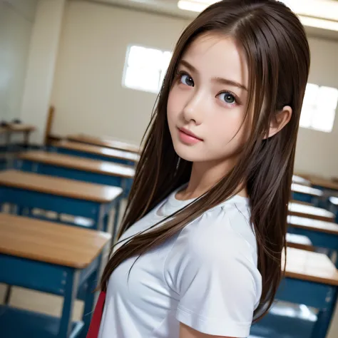 
((masterpiece, highest quality, High resolution)), fun, 1 girl, (Realistic: 1.4), 14 years old, Beautiful Hair, (Medium Hair:1.5), School gym clothes, School classroom, Change clothes, Look away, Smooth, Highly detailed CG composite 8k wallpaper, Professi...