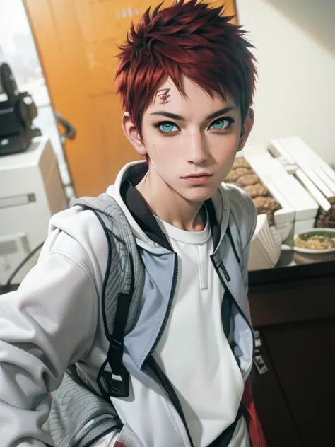 masterpiece, ultra-detailed, 1boy, male focus, upper body shot, Gaara wearing Streetwear Hoodie, red hair, look at viewer, happy...