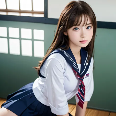 ((masterpiece, highest quality, High resolution)), fun, 1 girl, (Realistic: 1.4), 14 years old, Beautiful Hair, (Medium Hair:1.5), Sailor suit, School classroom, Sit on a desk, Look away, Smooth, Highly detailed CG composite 8k wallpaper, Professional phot...