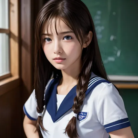 ((masterpiece, highest quality, High resolution)), 1 girl, (Realistic: 1.4), 14 years old, Beautiful Hair, (Shortcuts:1.5), Sailor suit, School classroom, Look away, Smooth, Highly detailed CG composite 8k wallpaper, Professional photography, Backlight, To...