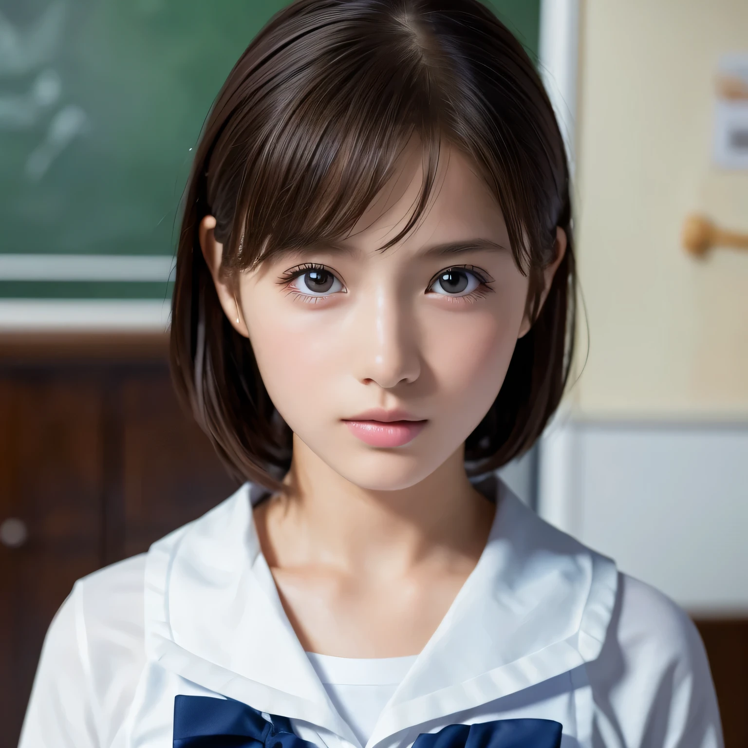 ((masterpiece, highest quality, High resolution)), 1 girl, (Realistic: 1.4), 14 years old, Beautiful Hair, (Shortcuts:1.5), Sailor suit, School classroom, Look away, Smooth, Highly detailed CG composite 8k wallpaper, Professional photography, Backlight, Top view