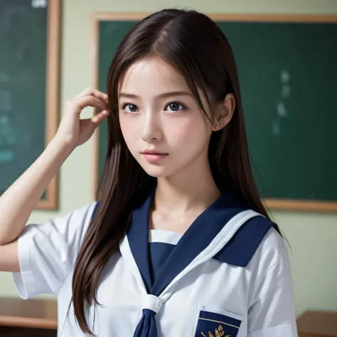 ((masterpiece, highest quality, High resolution)), 1 girl, (Realistic: 1.4), 14 years old, Beautiful Hair, Shortcuts, Sailor suit, School classroom, Look away, Smooth, Highly detailed CG composite 8k wallpaper, Professional photography, Backlight, Side ang...