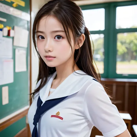 ((masterpiece, highest quality, High resolution)), 1 girl, (Realistic: 1.4), 14 years old, Beautiful Hair, Sailor suit, School classroom, Very detailed 8K wallpaper, Professional photography, Backlight
