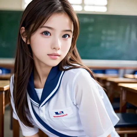 
((masterpiece, highest quality, High resolution)), 1 girl, (Realistic: 1.4), 14 years old, Beautiful Hair, Sailor suit, School classroom, Professional photography, Backlight