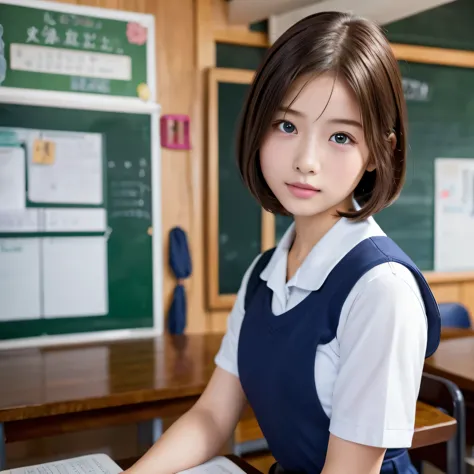 ((masterpiece, highest quality, High resolution)), 1 girl, (Realistic: 1.4), 14 years old, Beautiful Hair, Bob, Sailor suit, School classroom