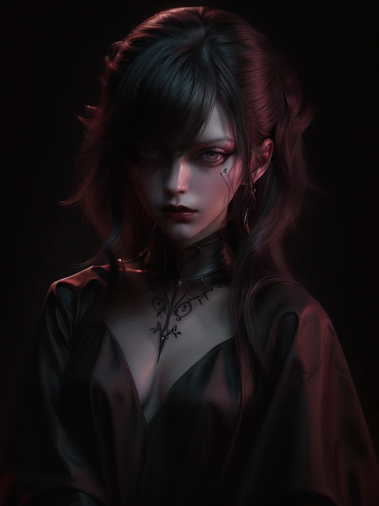 (best quality,hyperreal,portrait of a beautiful pale-skinned vampire in black enamel,(intense makeup,dark dramatic eyes),in a dim and gloomy setting),vivid colors,gothic style,moody lighting