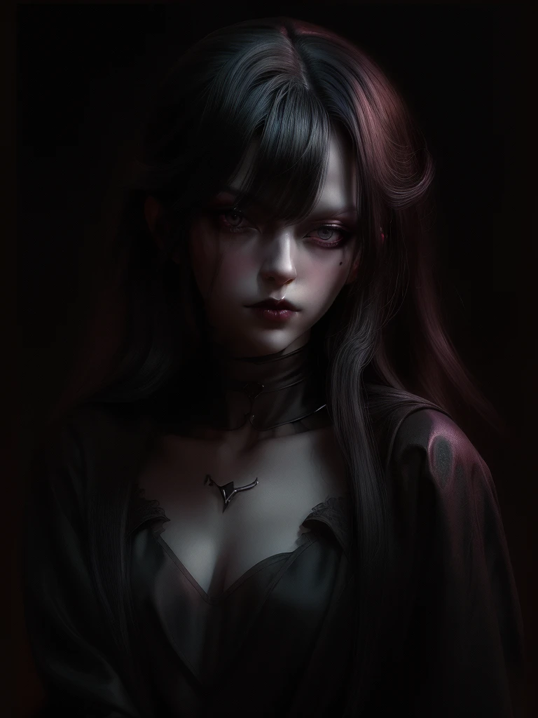 (best quality,hyperreal,portrait of a beautiful pale-skinned vampire in black enamel,(intense makeup,dark dramatic eyes),in a dim and gloomy setting),vivid colors,gothic style,moody lighting