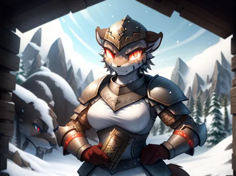 ((angry anthro snow leopard female wearing epic viking armor with runes and a helmet )), (red glowing eyes) ,RAW photo, (epic ic...