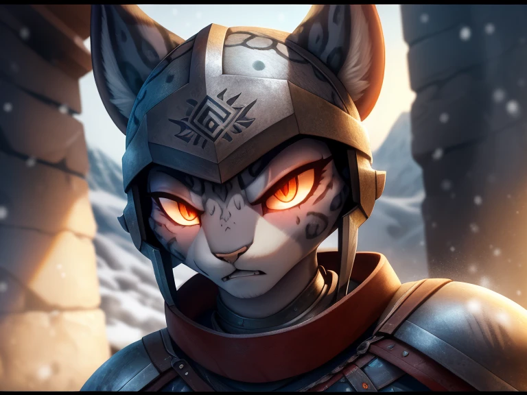 ((angry anthro snow leopard female wearing epic viking armor with runes and a helmet )), (red glowing eyes) ,RAW photo, (epic ice Jotunheim landscape),(fighting ice giant) masterpiece, Nordic, smoke, best quality, dynamic pos, ultra detailed, metal plates, rust, full bodyt, light trail, dramatic lighting, red tone, short_hair, Photorealistic, Hyperrealistic, Hyperdetailed, analog style,soft lighting, subsurface scattering, realistic, heavy shadow, masterpiece, best quality, ultra realistic, 8k, High Detail, film photography, soft focus, (closeup to face), high quality photography, 3 point lighting, flash with softbox, 4k, Canon EOS R3, hdr, smooth, sharp focus, high resolution, award winning photo, 80mm, f2.8, bokeh , detailed, realistic, 8k uhd, high quality