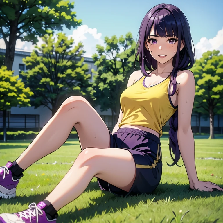 raiden shogun,((best quality)), ((masterpiece)), (detailed), perfect face,1girl, solo, long hair, looking at viewer, blush, shirt, purple hair, brown eyes, upper body, teeth,, mole, mole on neck,1girl, solo, breasts, looking at viewer, shirt, black hair, breasts, sitting, outdoors,sky, shorts, sleeveless, alternate costume, tree, hand between legs, yellow shirt, sportswear, gym shorts, basketball uniform, yellow tank top,number 3,sweat,jersey numbber 3,full body,1girl, solo, long hair, breasts, looking at viewer, bangs, large breasts, bare shoulders, sitting, purple eyes, purple hair, outdoors, sky, shoes, teeth, day, pants, mole, tree, mole under eye, grass, sneakers, sportswear, basketball