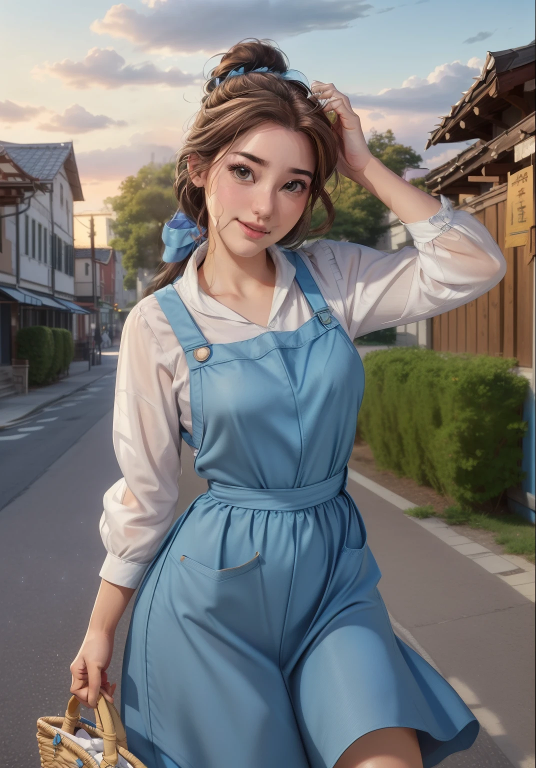 (Belle Waif:1), smile, cute, cute pose, View Viewer, Thick thighs, (Blue clothes, apron:1.2), (Hair Bun, Hair Ribbon), :d, Holding a basket, walk,
cormorant
(Realistic:1.2), (Realism), (masterpiece:1.2), (highest quality), (Super detailed), (8k, 4K, Complex),(Full Body Shot:1),(Cowboy Shot:1.2), (85mm),Particles of light, Lighting, (Very detailedな:1.2),(Detailed face:1.2), (Gradation), SFW, colorful,(Fine grain:1.2),

(Detailed landscape, old Town, building, shop, fruit:1.2),(Detailed Background),Detailed landscape, (Dynamic Angle:1.2), (Dynamic pose:1.2), (The rule of thirds_composition:1.3), (Course of action:1.2), Wide Shot, dawn, alone,

 （8k，RAW Photos），（Best Quality），（Masterpiece Loose），（Realistic，）（Realistic），（High resolution），Hyper Detail，（ヘンテル・Realism：1.1），Beautiful Face， （1 Female：1.1），High resolution), (8k), (Very detailed), (4K), (Pixiv), Perfect Face, Beautiful eyes and face, (highest quality), (Very detailed), Detailed faceと目, (alone), Textured skin, absurdes, High resolution, (Dynamic Angle:1.3) (Dynamic Pose:1.3)