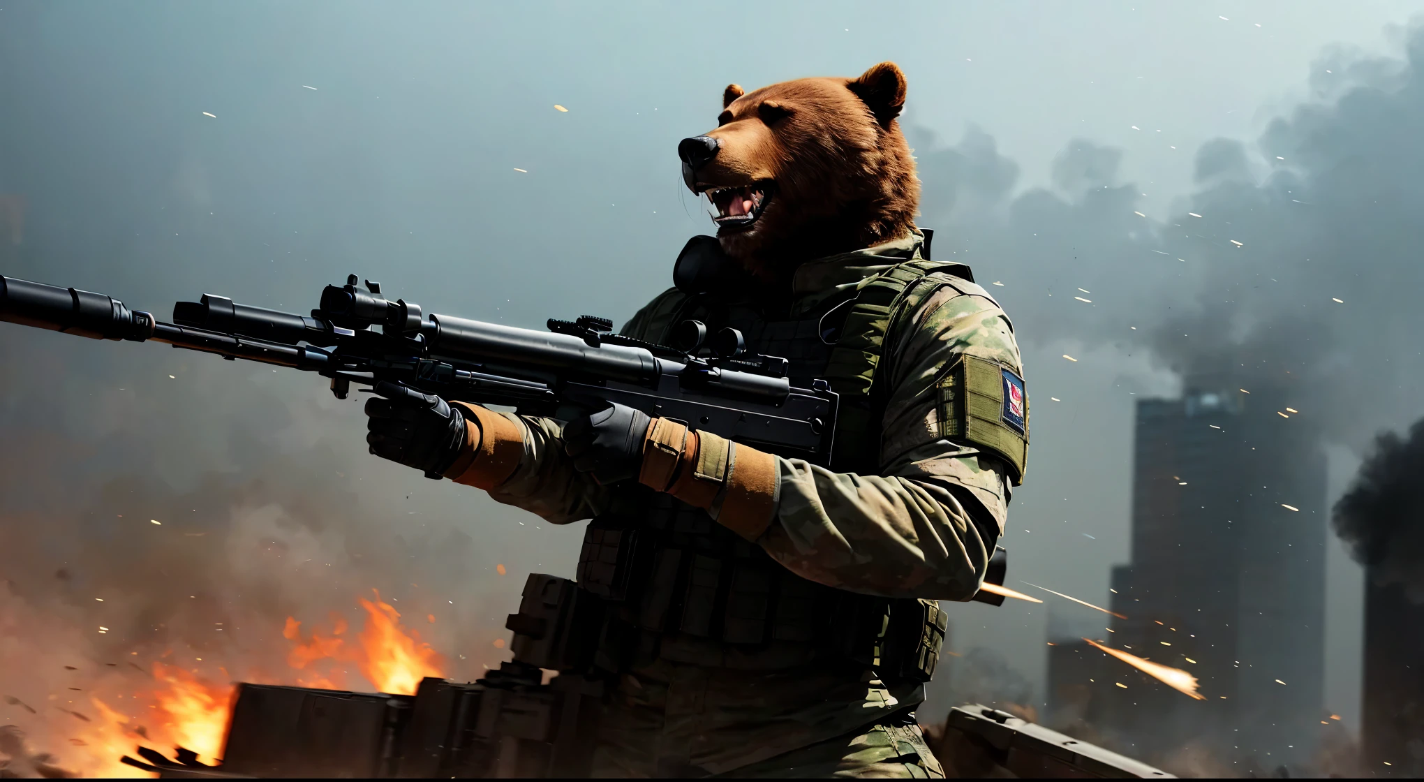 A bear, shooting, machinegun (M249), a bullet belt, (roaring fiercely:1.3), ((feral)), wearing military outfit, long sleeves, elbow pads, ballistic vest, (((tactical gloves))), tactical headset, (motion blur), urban war, ((foreground debris)), (shell casings), foreground shell casings, medium angle, illustrations, best quality, ultra-detailed, realistic:1.37, HDR, vivid colors, portraits, dark color tones, dramatic lighting.