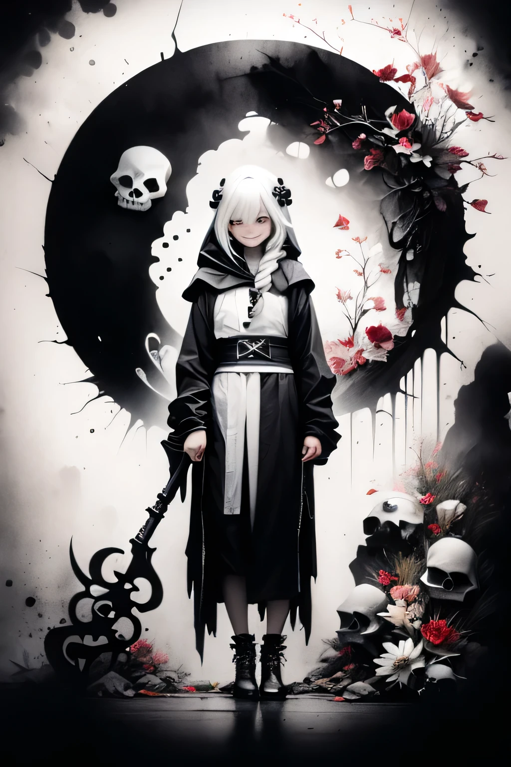 solo,1female\(cute,kawaii,age of 10,hair color white,braid hair,messy hair,eye color dark,big eyes,white skin,big smile,enjoy,full body,wearing Grim Reaper's black Robe,holding scythe and skull,skip,flower hair ornament,white hair\),background\(black sky,withered flowers all over the ground,a thick red water\), BREAK ,quality\(8k,wallpaper of extremely detailed CG unit, ​masterpiece,high resolution,top-quality,top-quality real texture skin,hyper realisitic,increase the resolution,RAW photos,best qualtiy,highly detailed,the wallpaper\)