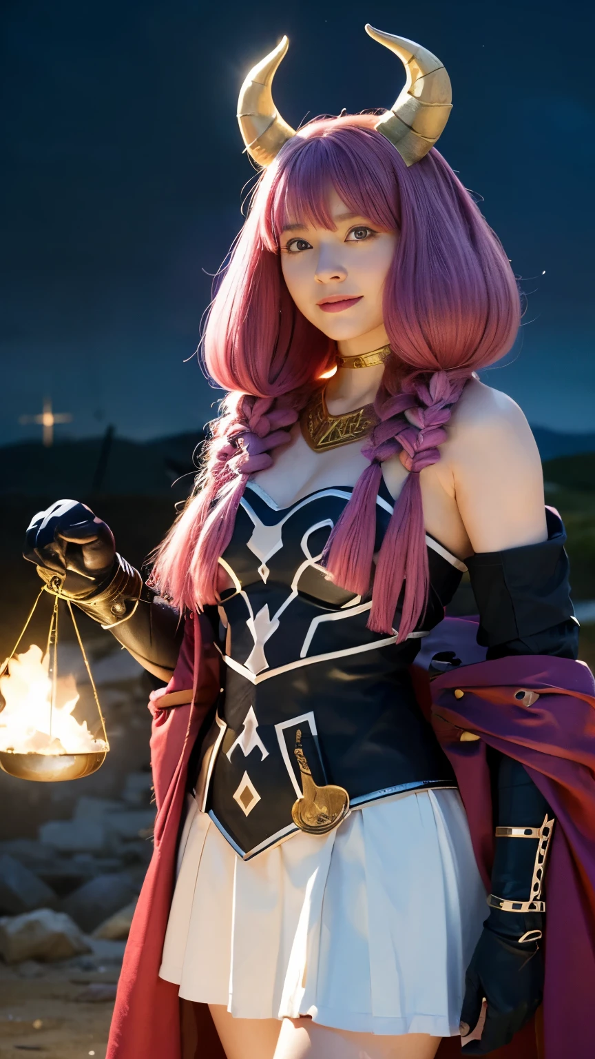 live-action, photo of, A hyper-realistic movie photograph inspired by the character Aura from 'Frieren: Beyond Journey's End', A hyper-realistic movie photograph featuring an anime character standing on a battlefield at night. The character has long pink hair with braids on both sides. She has a confident smile and is wearing black chest plate armor, decorative pauldrons on her shoulders, white skirt, and black boots. She has large horns on her head and is wearing a decorative necklace around her neck. She is holding a golden scale in her hand. The background depicts a battlefield with remnants of armor and a dark black  night sky.