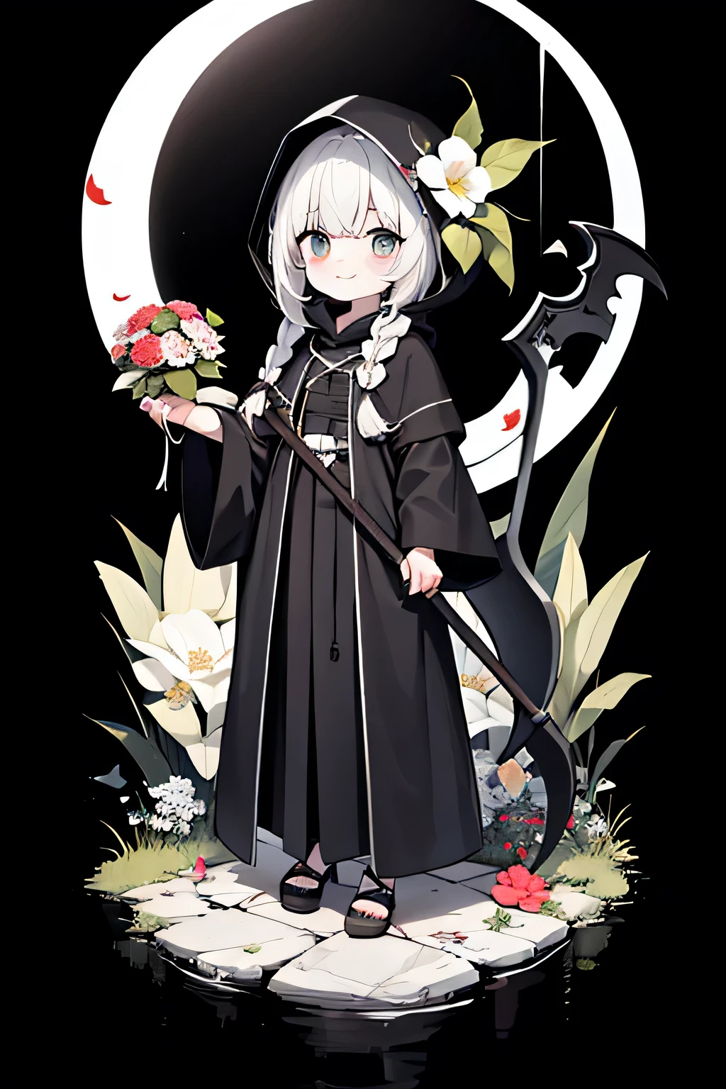 solo,1female\(cute,kawaii,age of 10,hair color white,braid hair,messy hair,eye color dark,big eyes,white skin,big smile,enjoy,full body,wearing Grim Reaper's black Robe,holding scythe and skull,skip,flower hair ornament,white hair\),background\(black sky,withered flowers all over the ground,a thick red water\), BREAK ,quality\(8k,wallpaper of extremely detailed CG unit, ​masterpiece,high resolution,top-quality,top-quality real texture skin,hyper realisitic,increase the resolution,RAW photos,best qualtiy,highly detailed,the wallpaper\)