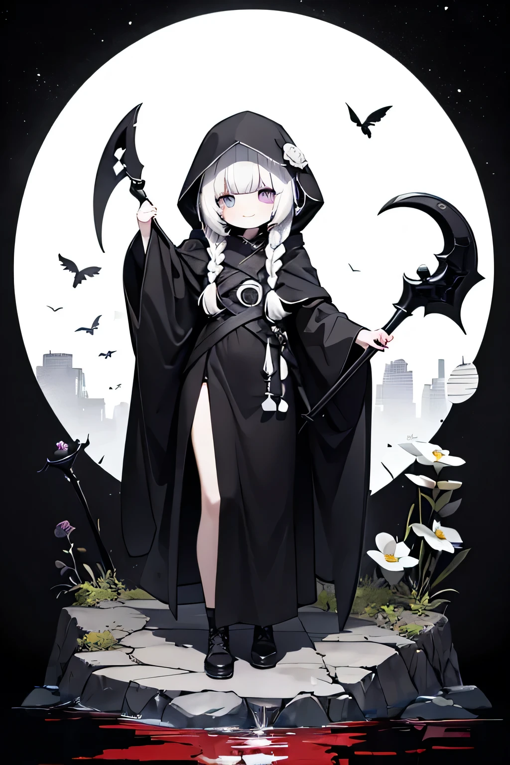 solo,1female\(cute,kawaii,age of 10,hair color white,braid hair,messy hair,eye color dark,big eyes,white skin,big smile,enjoy,full body,wearing Grim Reaper's black Robe,holding scythe and skull,skip,flower hair ornament,white hair\),background\(black sky,withered flowers all over the ground,a thick red water\), BREAK ,quality\(8k,wallpaper of extremely detailed CG unit, ​masterpiece,high resolution,top-quality,top-quality real texture skin,hyper realisitic,increase the resolution,RAW photos,best qualtiy,highly detailed,the wallpaper\)