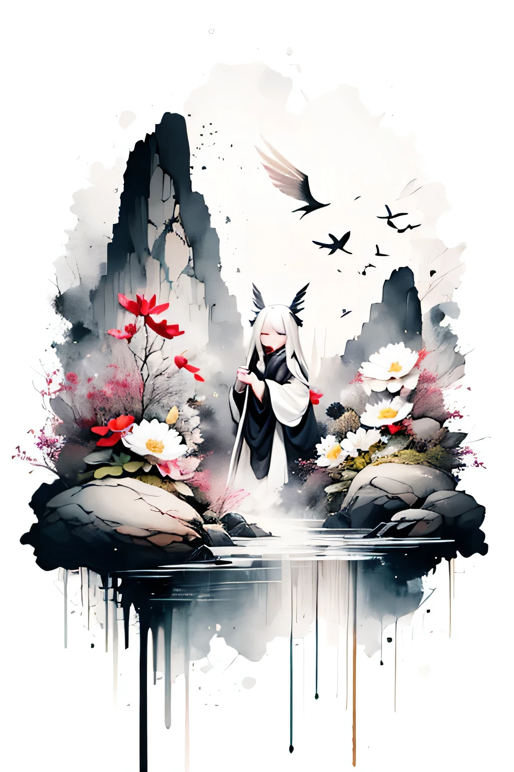 solo,1female\(cute,kawaii,age of 10,hair color white,braid hair,messy hair,eye color dark,big eyes,white skin,big smile,enjoy,full body,wearing Grim Reaper's black Robe,holding scythe and skull,skip,flower hair ornament,white hair\),background\(black sky,withered flowers all over the ground,a thick red water\), BREAK ,quality\(8k,wallpaper of extremely detailed CG unit, ​masterpiece,high resolution,top-quality,top-quality real texture skin,hyper realisitic,increase the resolution,RAW photos,best qualtiy,highly detailed,the wallpaper\)