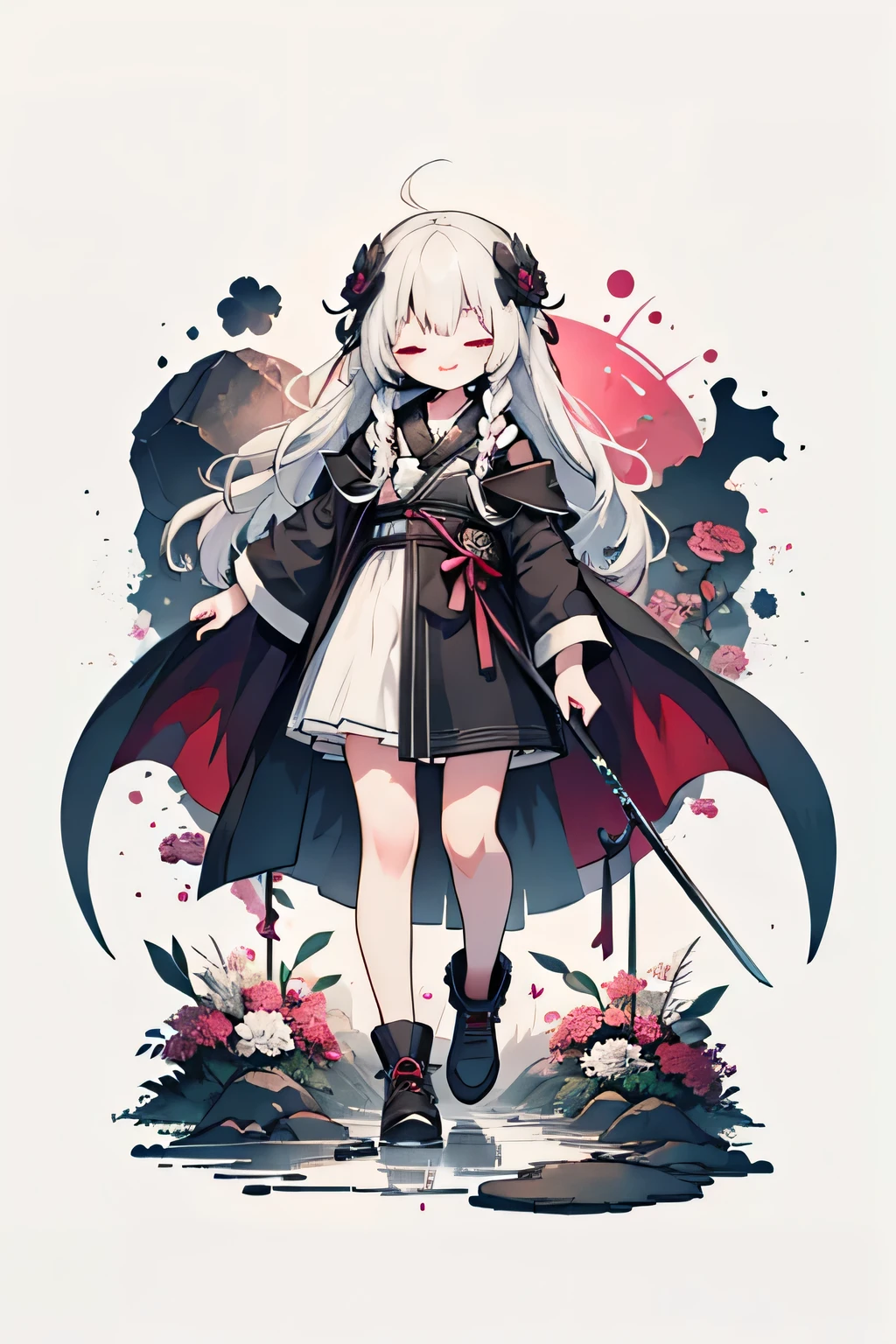 solo,1female\(cute,kawaii,age of 10,hair color white,braid hair,messy hair,eye color dark,big eyes,white skin,big smile,enjoy,full body,wearing Grim Reaper's black Robe,holding scythe and skull,skip,flower hair ornament,white hair\),background\(black sky,withered flowers all over the ground,a thick red water\), BREAK ,quality\(8k,wallpaper of extremely detailed CG unit, ​masterpiece,high resolution,top-quality,top-quality real texture skin,hyper realisitic,increase the resolution,RAW photos,best qualtiy,highly detailed,the wallpaper\)