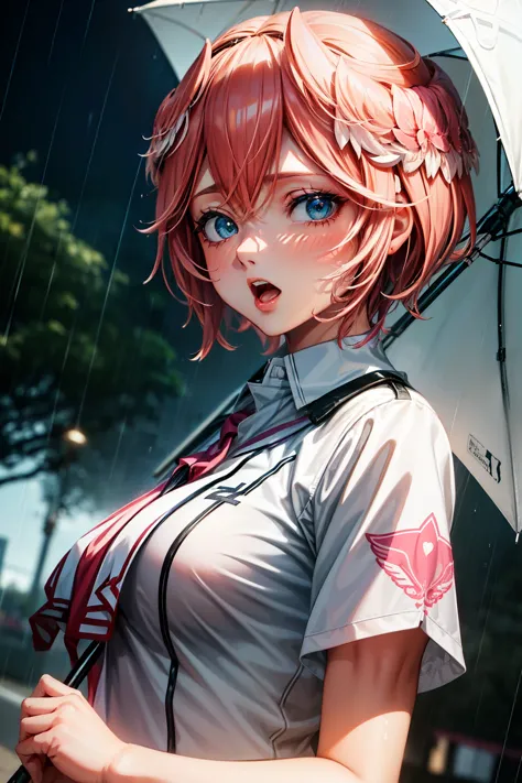 rainy weather, no umbrella, (anime, tone mapped:1.2), 1 girl, marching, pink eyes, white baseball uniform, brown hair, open mout...