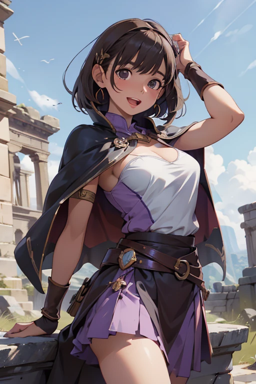 masterpiece, highest quality,High resolution,High-quality images,Detailed eye depiction,Skin luster,Shiny Hair,Fine grain,Adult women,Very detailed,Rin々Nice face,Open Mouth Smile,White, pink, and purple adventurer uniform,The world of medieval Europe,Show your armpits,Black eyes,The dignity of a hero,,Small hair ornament,tattoo,Cape,Legs visible through the skirt,Natural Beauty,Investigating the dilapidated ruins,The existence of megalithic civilizations,An ancient city of legends,huge stone arch,stone stage,Cinematic,Large Breasts,Cleavage,