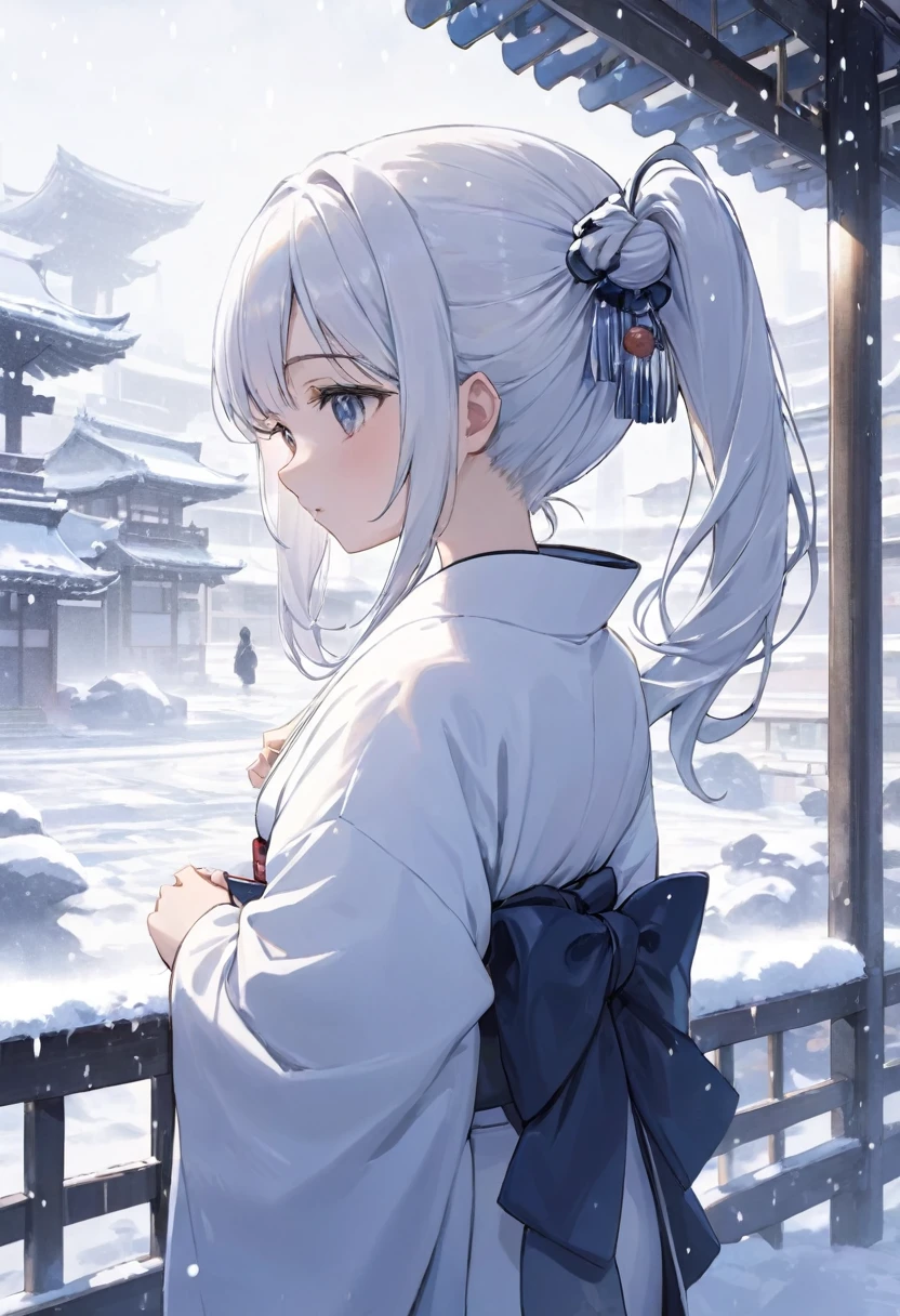 haute qualité, Haute définition, images de haute précision,8k 1 fille 、cheveux blancs à double queue, portant un kimono blanc Future,À l&#39;intérieur de la ville du futur Un paysage enneigé, beaucoup de neige tombe, regarder la neige sur ses mains avec tristesse.

