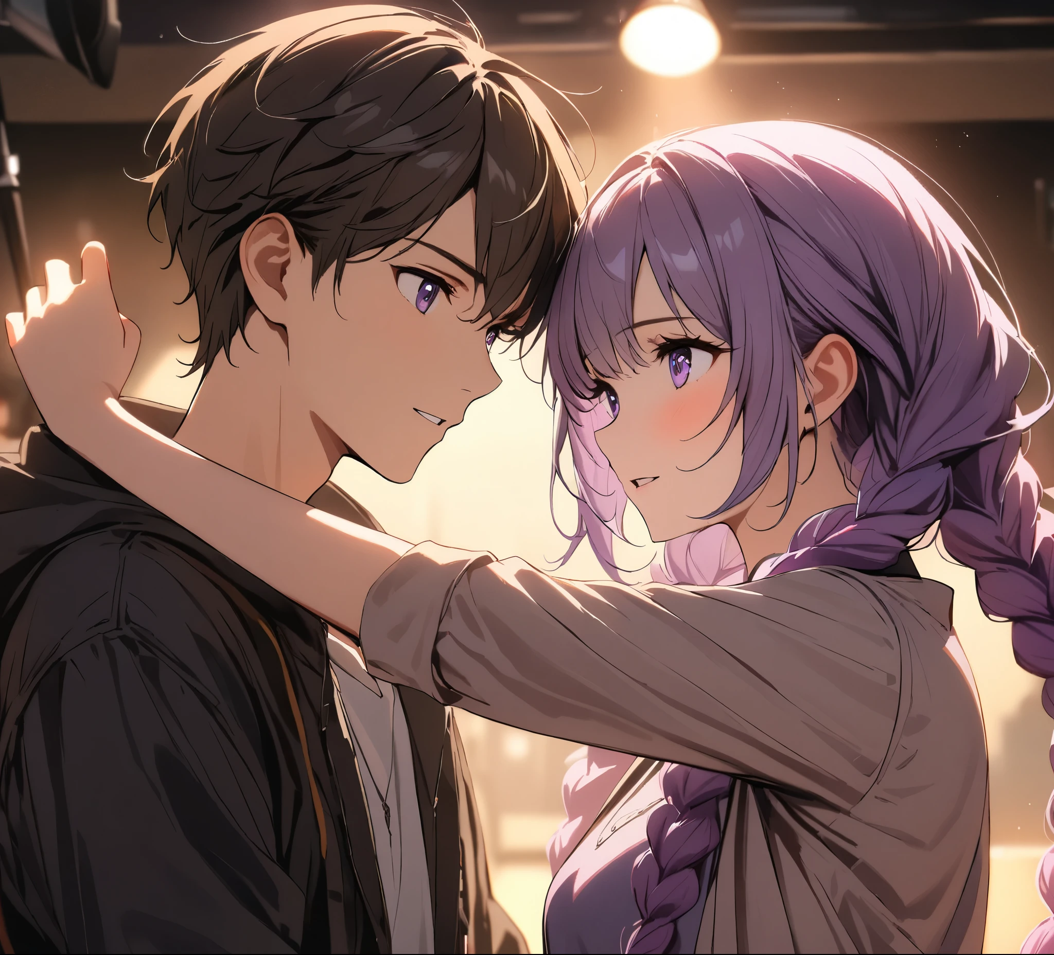 1 boy,A girl with purple and white gradient double braids,,young,energetic,Smiley Face,eye contact,tender emotions,Sweet atmosphere,illustration,Soft colors,best quality,4k,8K,High resolution,masterpiece:1.2,Extremely detailed,Practical,photoPractical:1.37,Studio Lighting,professional,Soft Focus,Bright colors,Luminous lighting