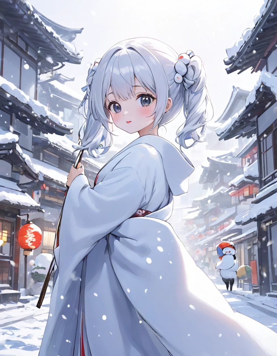 alta calidad, alta definición, Imágenes de alta precisión,8K 1 Chica 、(pelo blanco de dos colas), vistiendo un kimono blanco Future,Ropa de invierno blanca sobre un kimono. 、 Dentro de la ciudad del futuro Un paisaje nevado, mucha nieve cayendo, alegremente construyendo un muñeco de nieve

