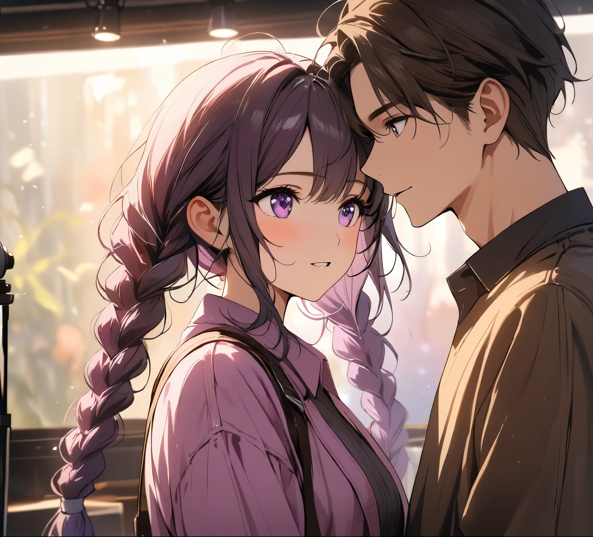 1 boy,A girl with purple and white gradient double braids,,young,energetic,Smiley Face,eye contact,tender emotions,Sweet atmosphere,illustration,Soft colors,best quality,4k,8K,High resolution,masterpiece:1.2,Extremely detailed,Practical,photoPractical:1.37,Studio Lighting,professional,Soft Focus,Bright colors,Luminous lighting