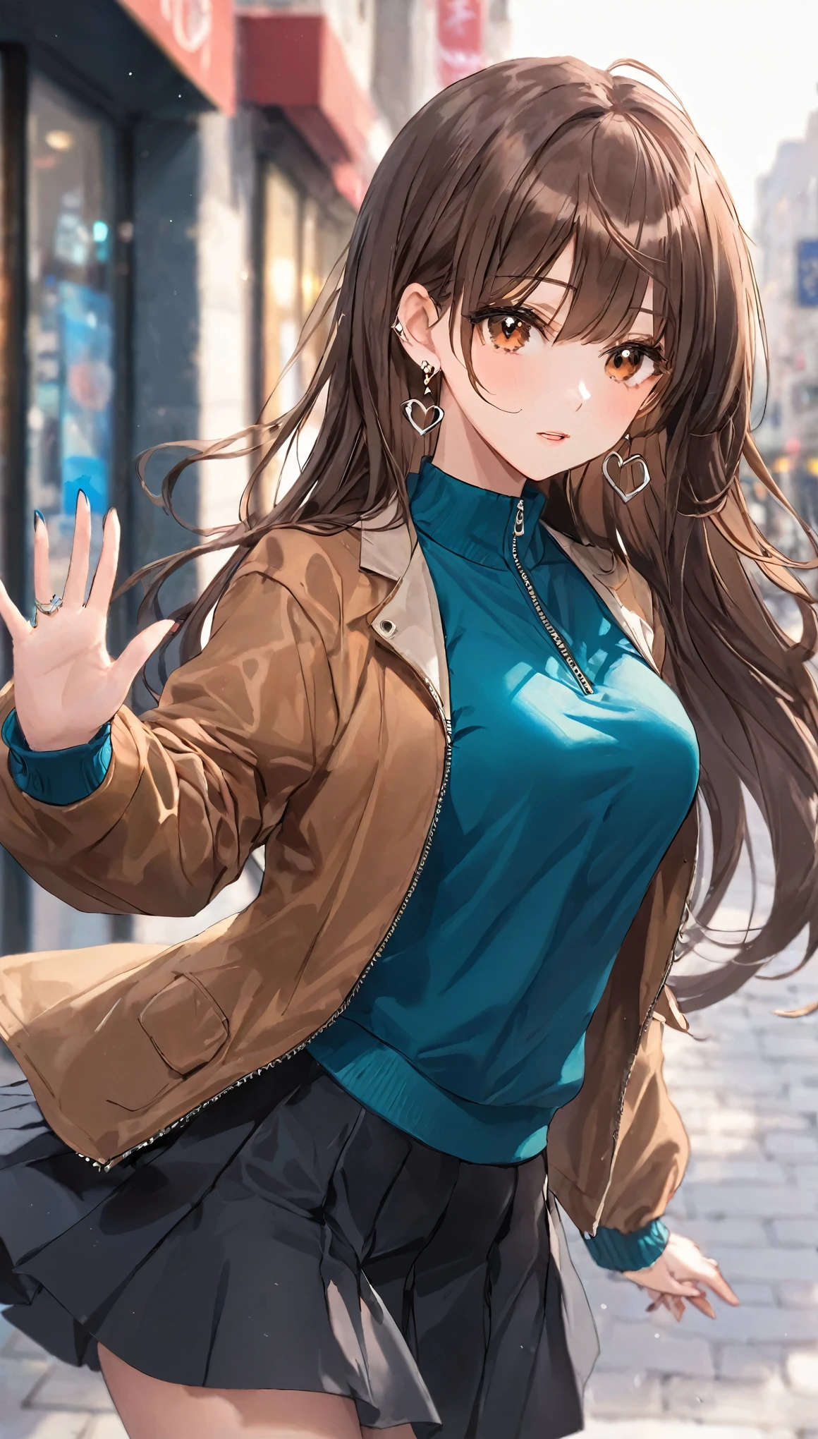 double,, , One girl, Ahoge, bangs, black skirt, black sweater, Blue Claws, Blurred, Blurred background, chest, Brown eyes, Brown Hair, brown Jacket, Mouth closed, Day included, Day, Depth of written boundary, Earrings, eyelash, Raise your hand, Tilt your head, Jacket, jewelry, Long Hair, Long sleeve, View Viewer, medium chest, Manicure, Open clothes, open Jacket, Outdoor, Pursed lips, Tucked in shirt, Side Lock, skirt, Sleeves are longer than the wrist, alone, sweater, Upper Body, zipper, , , ((masterpiece)), , 