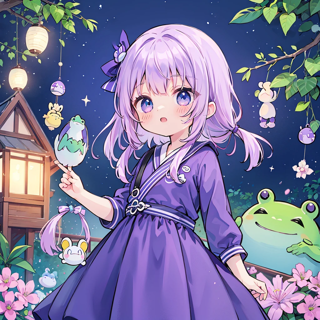 la plus haute qualité、chef-d&#39;œuvre、personnage chibi、3 ans、Garçon、violetの髪、yeux bleus、déguisement de grenouille、levant les yeux、cheveux、violet、tresse latérale