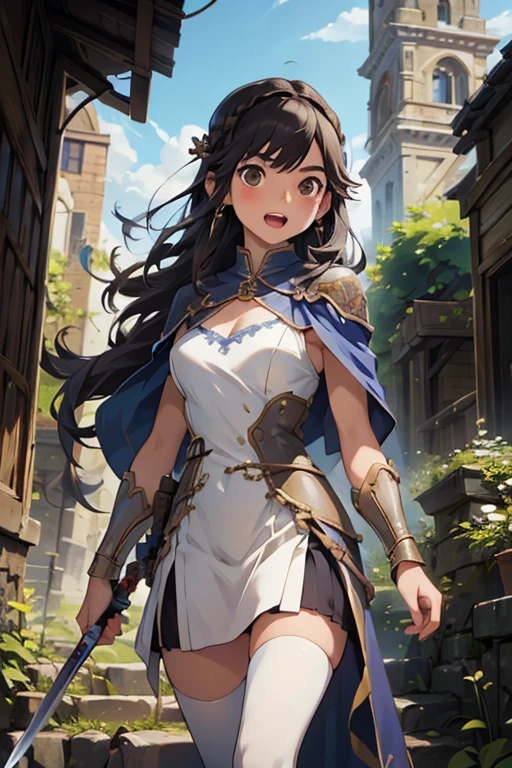 masterpiece, highest quality,High resolution,High-quality images,Detailed eye depiction,Skin luster,Shiny Hair,Fine grain,Adult women,Very detailed,Rin々Nice face,Open Mouth Smile,White and gold adventurer uniform,The world of medieval Europe,Show your armpits,Black eyes,The dignity of a hero,,Small hair ornament,tattoo,Cape,Legs visible through the skirt,Natural Beauty,Investigating the dilapidated ruins,The existence of megalithic civilizations,An ancient city of legends,huge stone arch,Stone stairs leading to the back,Cinematic,Large Breasts,Cleavage,equipped with a sword,