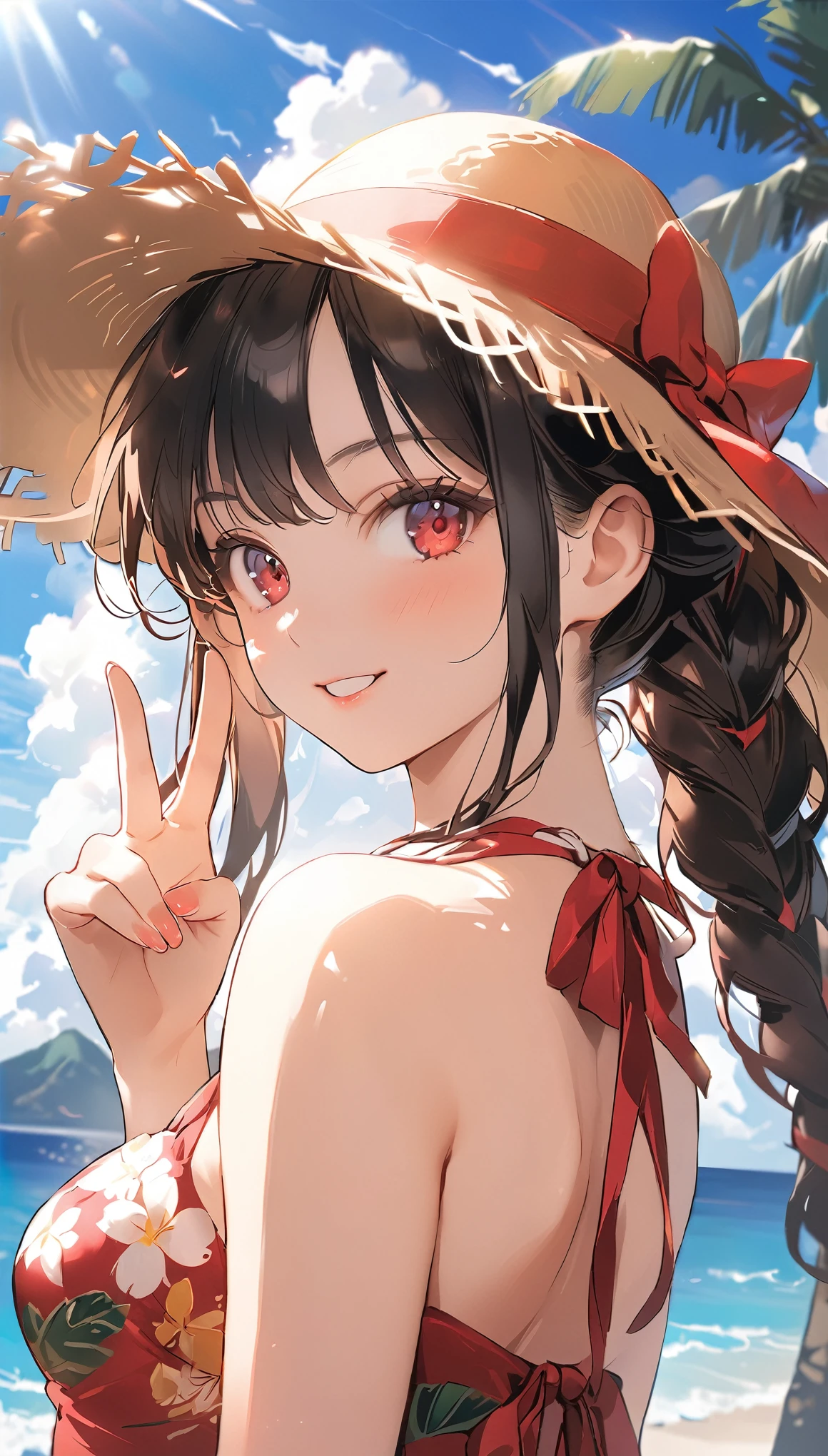 (masterpiece, highest_quality), very be familiar with cg unity 8k wallpaper, wonderful_Are you okay_figure, BREAK 1girl, long black hair wearing a straw hat, small breasts, (glamorous expression), red eyes, anime style 4k, beautiful anime portrait, anime moe art style, anime art wallpaper 4k, High quality anime art style, anime style portrait, be familiar with digital anime art, anime art wallpaper 8k, cute anime girl portrait, Hawaii background, blue sea, palm trees, sunlight, whole body, BREAK depth of field, perfect hands, nice fingers, 5_finger, 4_finger,1_thumb,