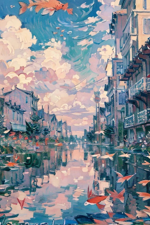(art by Claude Monet:1.25),Impressionism,leinairisme,quality\(8k,best quality,masterpiece,cinematic\), 1girl\(cute, kawaii,small kid,skin color white,smile ,hair floating,hair color blond,short bob hair,eye color cosmic,big eyes,black sailor uniform,walking,view from below\),background\(outside,messy slum,view from below,(many carps swiming in the sky:1.8),\)
