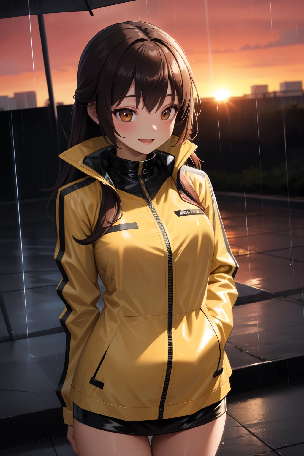 masterpiece, best quality, detailed, 1 woman, rain jacket, closed jacket, sunset, rain, laugh