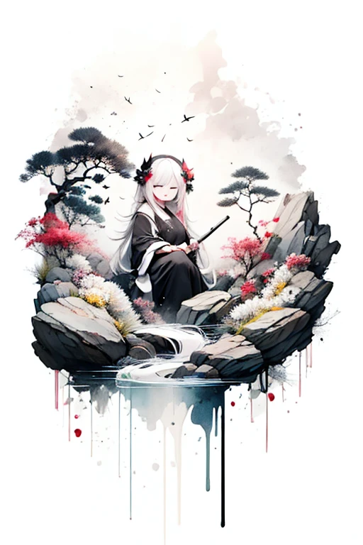 solo,1female\(cute,kawaii,age of 10,hair color white,braid hair,messy hair,eye color dark,eyes closed smile,white skin,big smile,enjoy,full body,wearing Grim Reaper's black Robe,holding scythe and skull,skip,flower hair ornament,white hair\),background\(black sky,withered flowers all over the ground,a thick red water\), BREAK ,quality\(8k,wallpaper of extremely detailed CG unit, ​masterpiece,high resolution,top-quality,top-quality real texture skin,hyper realisitic,increase the resolution,RAW photos,best qualtiy,highly detailed,the wallpaper\)