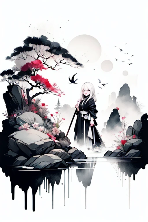 solo,1female\(cute,kawaii,age of 10,hair color white,braid hair,messy hair,eye color dark,eyes closed smile,white skin,big smile,enjoy,full body,wearing Grim Reaper's black Robe,holding scythe and skull,skip,flower hair ornament,white hair\),background\(black sky,withered flowers all over the ground,a thick red water\), BREAK ,quality\(8k,wallpaper of extremely detailed CG unit, ​masterpiece,high resolution,top-quality,top-quality real texture skin,hyper realisitic,increase the resolution,RAW photos,best qualtiy,highly detailed,the wallpaper\)