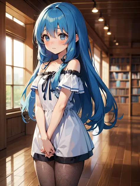 yoshino astral dress、long hair、blue eyes、ribbon、hair between the eyes、blue hair,(cropped:1.5),off the shoulder,shorts,fishnet ti...