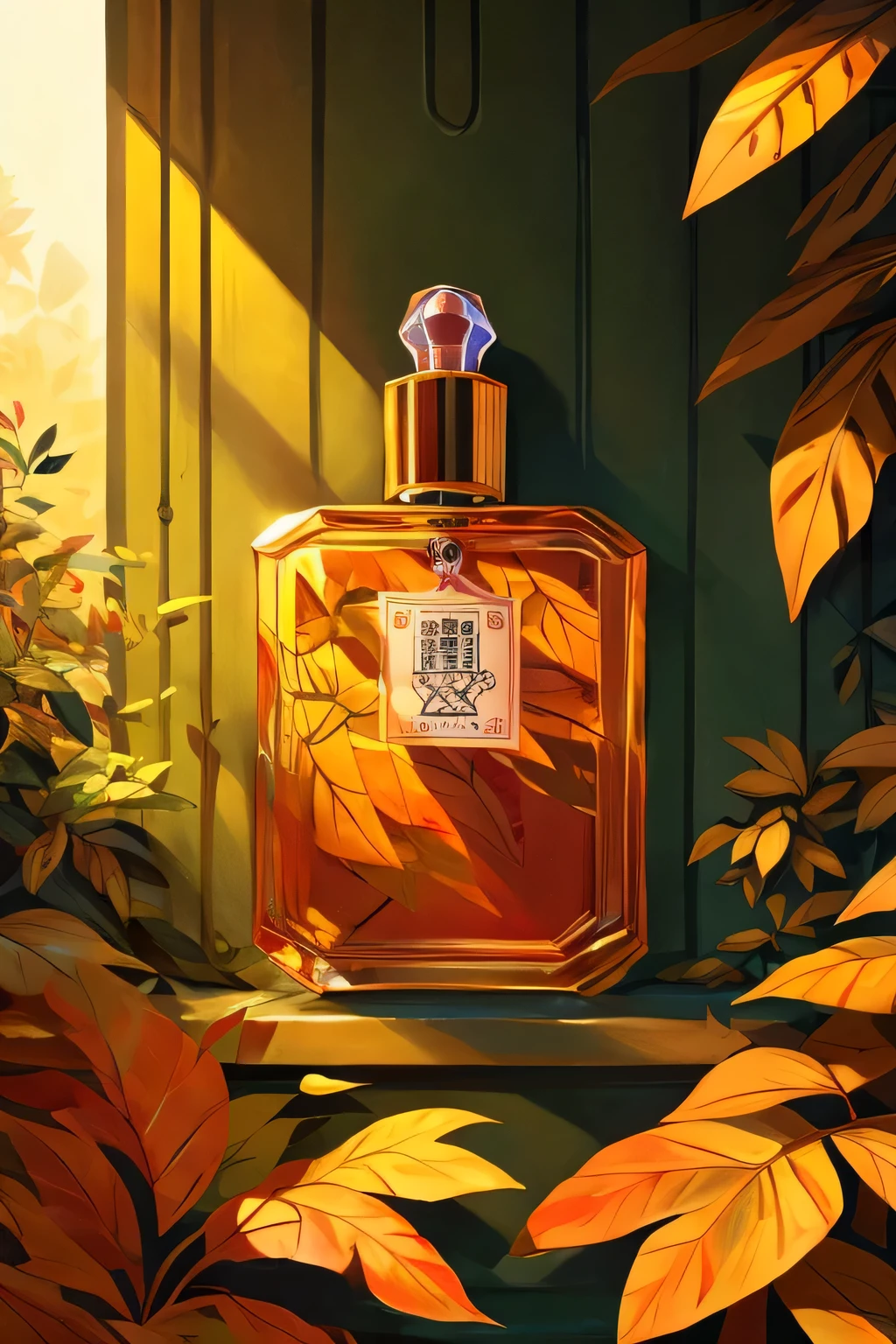 ilustração，Design de pôster，perfume，folhas，laranja，plantar，Graphic ilustração，detalhes finos，Multar，brilhante，Imaginação，Luz e sombra，Realismo