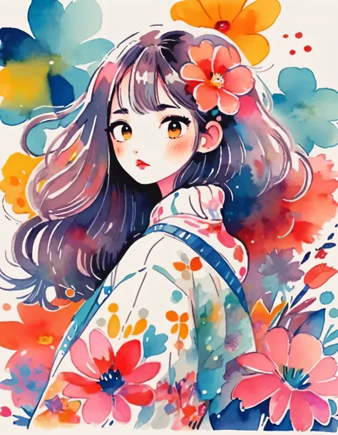 Momoko Sakura Style、(((stylish fashion))), 8K Quality、Intense watercolor, Detailed watercolor art, Watercolor splash, Surreal, a...