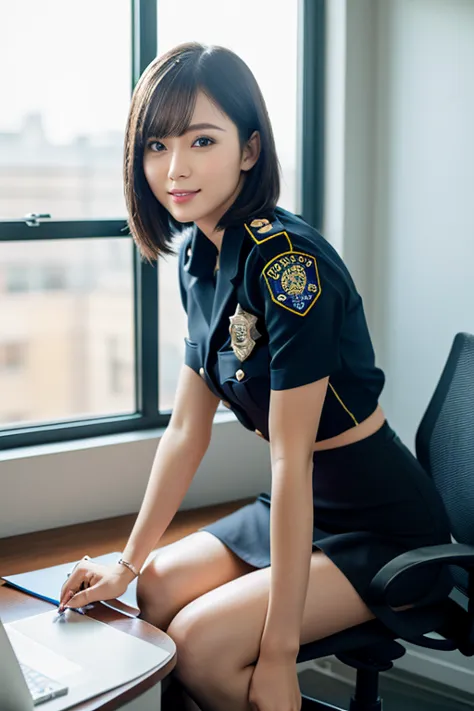 (Best quality: 1.5), (Realistic: 1.5), (1 person: 1.5), (Very detailed), (High resolution), 8k, ((micro miniskirt police)), (mic...