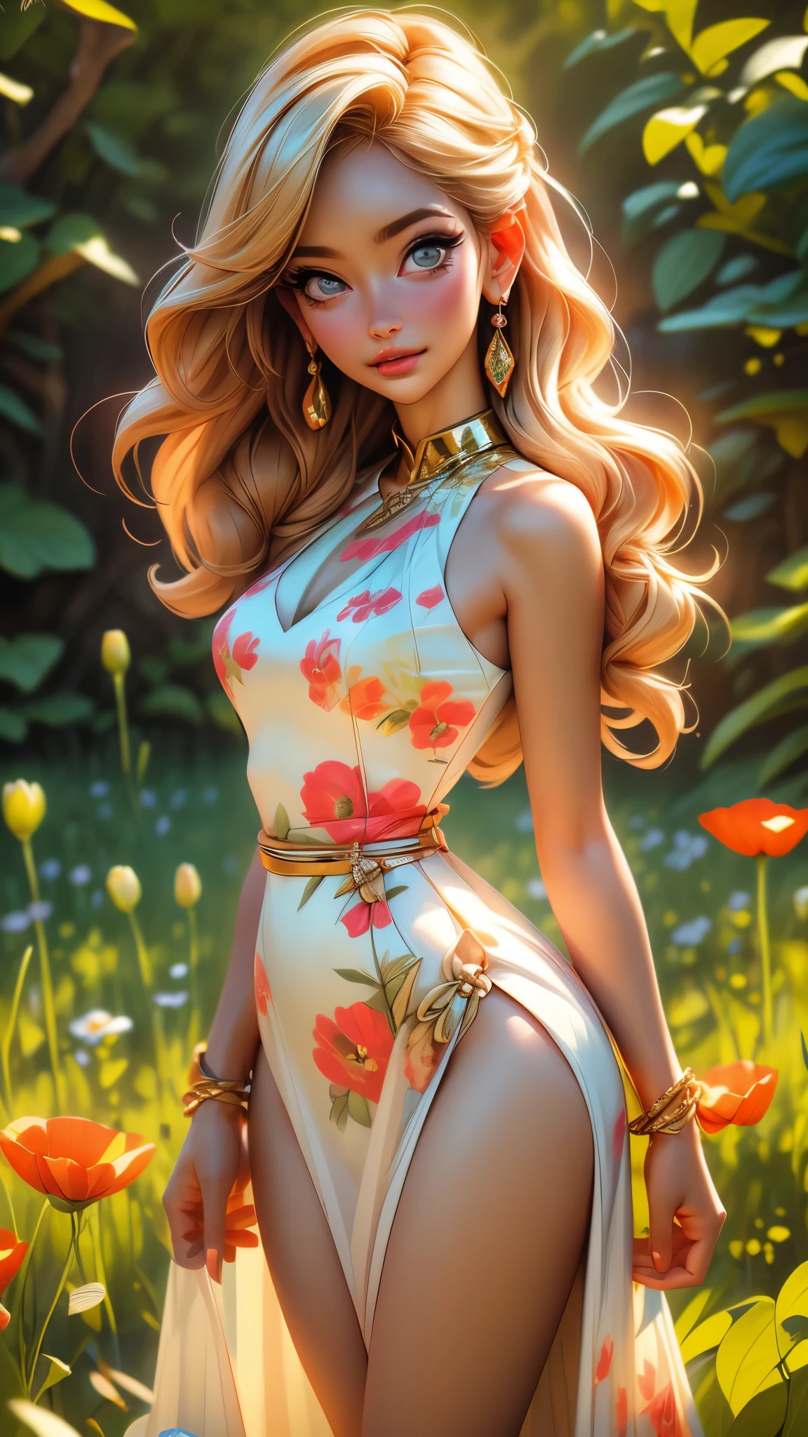 (best quality,4k,8k,highres,masterpiece:1.2),ultra-detailed,(best quality,realistic:1.2),lovely woman,field of poppy flowers,sheer yellow floral print summer dress,sunset,play,joy,beauty,harmony,portrait,soft lighting,vibrant colors, HDR, 8k, absurdres, cinestill 800, sharp focus, add_detail:2, Ultra HD | | | ((Fullbody-shot)) add_detail:2 (1woman, solo)