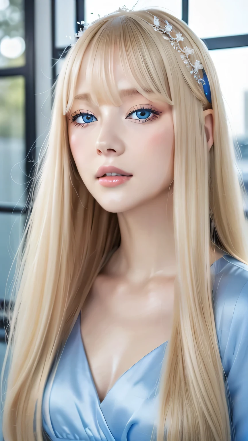 Silky super long natural platinum blonde hair、Bangs between the eyes、Bangs that hang over the face、A beautiful sexy girl with a very cute face、Beautiful, clear, bright blue eyes、White Princess Dresses、Small Face Girl、Round face、Cheek gloss highlighter、Very white shiny skin、